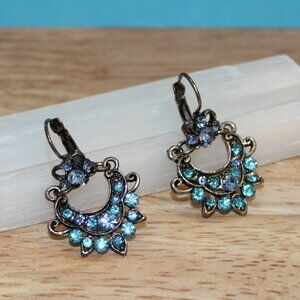 Blue Teal Tone Rhinestones Dangle Earrings